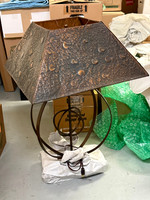Copper "atomic" lamp 22" square shade, ~33" tall