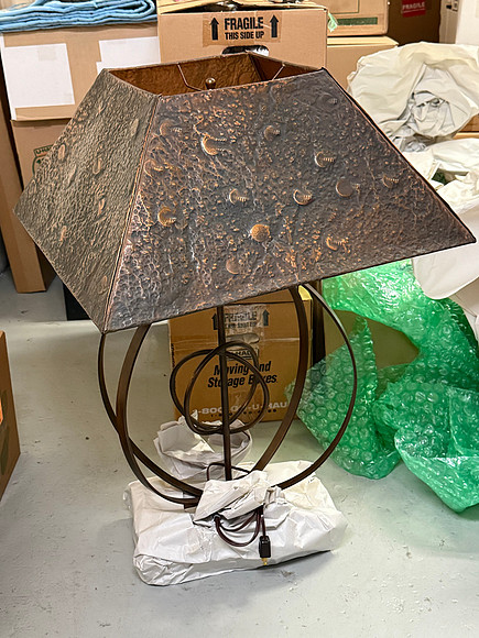Copper "atomic" lamp 22" square shade, ~33" tall