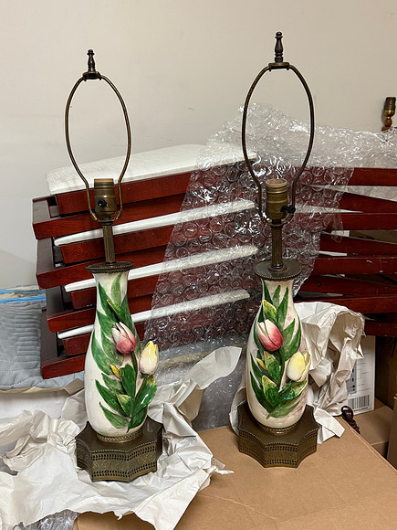 2 porcelain lamps w/ tulips, 13 1/2" base, 26" total